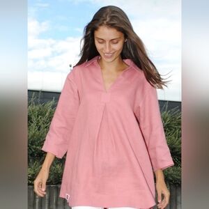 Feellinen V-Neck Tunic Top Pastel Rose Slub Linen Lagenlook Oversized Latvia 2X